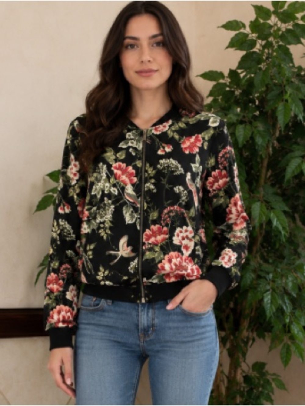 NY&CO FLORAL ZIP BOMBER JACKET